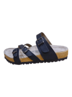صندل طبی برکن استاک یا بیرکن اشتوک چرم مشکی زنانه birkenstock franca 3 سگک برای تنظیم رویه و زیره چرم طبیعی عکس از نمای بغل بیرون پا