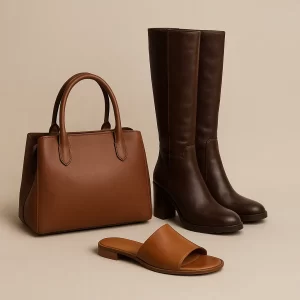 Women's genuine leather products by Hector Style including bags, shoes, and boots with classic and elegant design