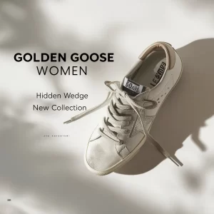Golden Goose women white leather sneaker with crystal star detail – lifestyle minimalist promo banner