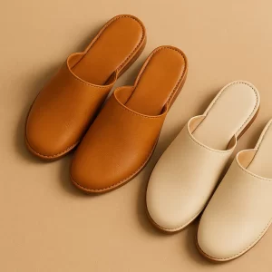 Women's genuine leather slippers by Hector Style in beige and tan tones, minimalist design, made of natural leather