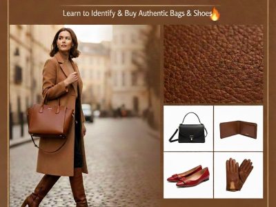 Elegant woman carrying a brown leather handbag with close-up leather texture and display of women’s leather products (bag, wallet, shoes, gloves) — real leather identification guide