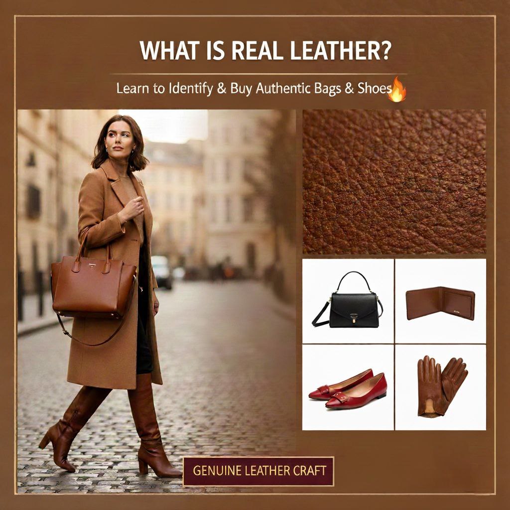 Elegant woman carrying a brown leather handbag with close-up leather texture and display of women’s leather products (bag, wallet, shoes, gloves) — real leather identification guide