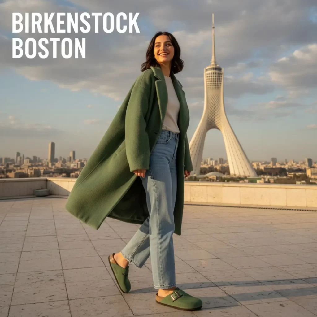 Birkenstock Boston matcha green clogs for women styled in a street fashion look