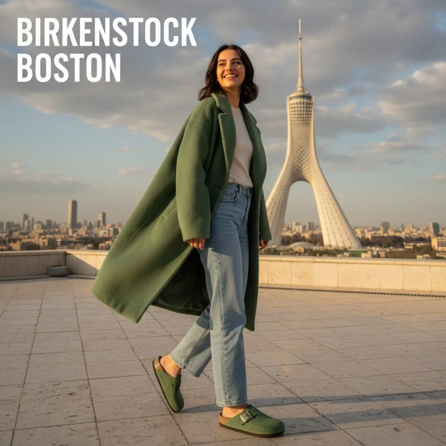 Birkenstock Boston matcha green clogs for women styled in a street fashion look